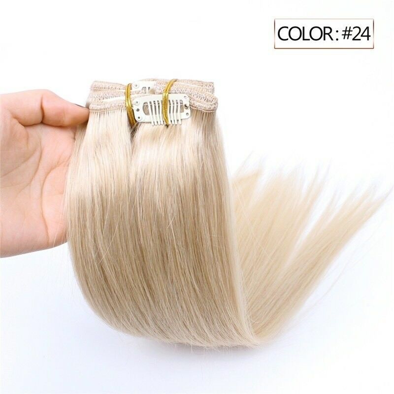 Luxury Clip In Human Hair Extensions #24 Golden Blonde Remy Straight 7pcs 100g