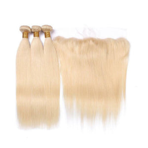 Luxury Brazilian Platinum Blonde #613 Straight Human Hair Extensions + Frontal