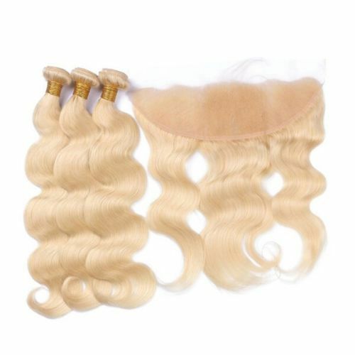 Luxury Brazilian Platinum Blonde #613 Body Wave Human Hair Extensions + Frontal