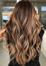 Load image into Gallery viewer, Luxury Warm Dark Brown Light Blonde Balayage Highlight 100% Human Hair Swiss 13x4 Lace Front Wig U-Part, 360 or Full Lace Upgrade Available
