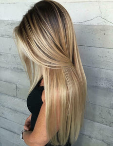 Luxury Golden Blonde Balayage Highlight Shadow Root 100% Human Hair Swiss 13x4 Lace Front Glueless Wig U-Part, 360 or Full Lace Upgrade Available