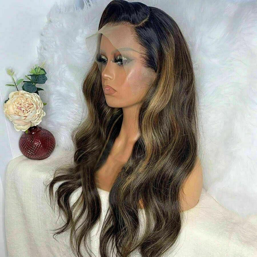 Luxury Dark Ash Brown Balayage Highlight 100% Human Hair Swiss 13x4 Lace Front Wig Wavy Blonde U-Part, 360 or Full Lace Upgrade Available