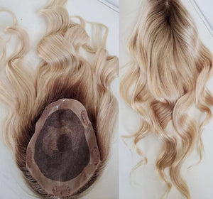 Luxury Ombre Blonde Human Hair Body Wave Topper Wig For Women 8*15cm Breathable MONO PU Base With Clip In Hair Toupee Remy Hair Piece 130%
