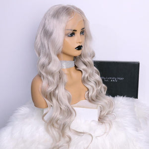 Luxury Remy Silver Grey Gray 100% Human Hair Swiss 13x4 Lace Front Glueless Wig Platinum Wavy Colouful U-Part or Full Lace Upgrade Available
