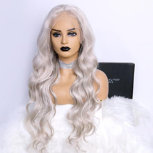Load image into Gallery viewer, Luxury Remy Silver Grey Gray 100% Human Hair Swiss 13x4 Lace Front Glueless Wig Platinum Wavy Colouful U-Part or Full Lace Upgrade Available
