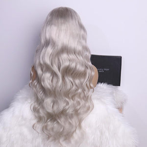Luxury Remy Silver Grey Gray 100% Human Hair Swiss 13x4 Lace Front Glueless Wig Platinum Wavy Colouful U-Part or Full Lace Upgrade Available