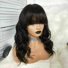 Load image into Gallery viewer, Luxury Fringe Bangs Wavy Black Body Wave 100% Human Hair Swiss 13x4 Lace Front Glueless Wig #1B U-Part, 360 or Full Lace Upgrade Available
