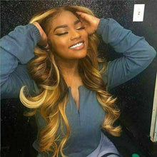 Load image into Gallery viewer, Luxury Ombre Honey Blonde 100% Human Hair Swiss 13x4 Lace Front Glueless Wig Golden Balayage Highlight U-Part, 360 or Full Lace Upgrade Available
