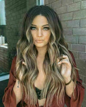 Load image into Gallery viewer, Luxury Dark Brown Light Blonde Balayage Highlight 100% Human Hair Swiss 13x4 Lace Front Wig Wavy U-Part, 360 or Full Lace Upgrade Available
