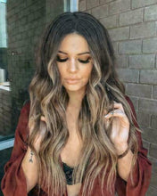 Load image into Gallery viewer, Luxury Dark Brown Light Blonde Balayage Highlight 100% Human Hair Swiss 13x4 Lace Front Wig Wavy U-Part, 360 or Full Lace Upgrade Available
