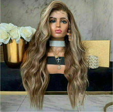Load image into Gallery viewer, Luxury Dark Ash Brown Balayage Highlight 100% Human Hair Swiss 13x4 Lace Front Wig Wavy Blonde U-Part, 360 or Full Lace Upgrade Available
