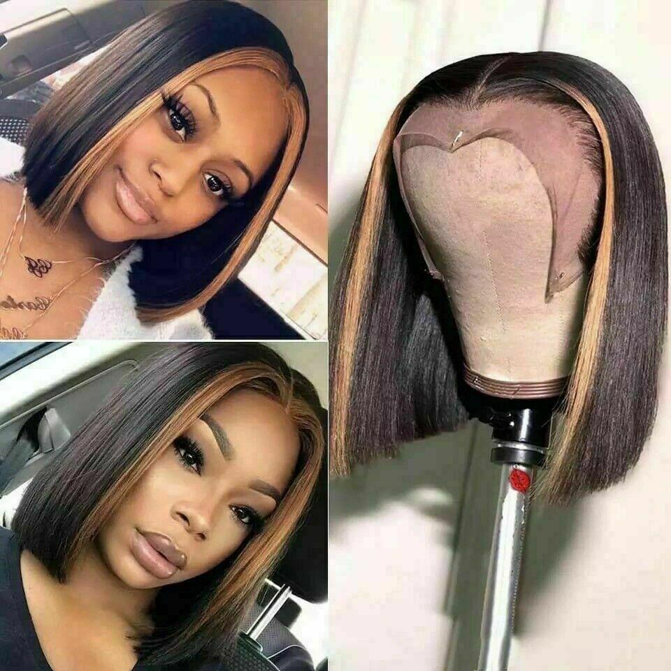 Luxury Bob Ombre Highlight Black 100% Human Hair Swiss 13x4 Lace Front Glueless Wig Ash Blonde Streak U-Part, 360 or Full Lace Upgrade Available