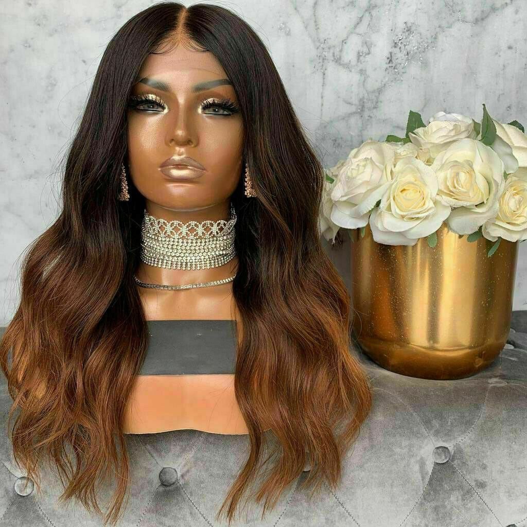 Luxury Remy Wavy Ombre Ash Brown 100% Human Hair Swiss 13x4 Lace Front Glueless Wig Auburn U-Part, 360 or Full Lace Upgrade Available