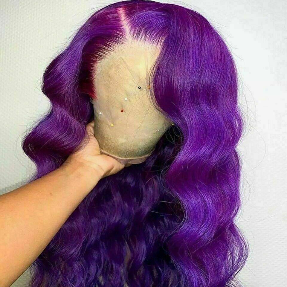 Luxury Remy Wavy Purple Body Wave 100% Human Hair Swiss 13x4 Lace Front Glueless Wig Colourful U-Part, 360 or Full Lace Upgrade Available