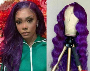 Luxury Remy Wavy Purple Body Wave 100% Human Hair Swiss 13x4 Lace Front Glueless Wig Colourful U-Part, 360 or Full Lace Upgrade Available