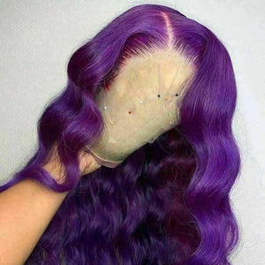 Luxury Remy Wavy Purple Body Wave 100% Human Hair Swiss 13x4 Lace Front Glueless Wig Colourful U-Part, 360 or Full Lace Upgrade Available