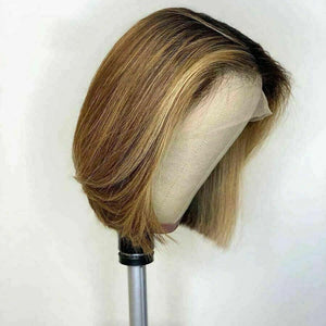 Luxury Remy Bob Ombre 100% Human Hair Swiss 13x4 Lace Front Glueless Wig Ash Blonde Balayage Highlight U-Part, 360 or Full Lace Upgrade Available