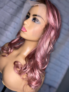 READY TO SHIP Luxury 18” 150% 13x4 Lace Front Rose Gold Pink Dark Roots Wig Human Hair Swiss Glueless Sale Bleached Knots