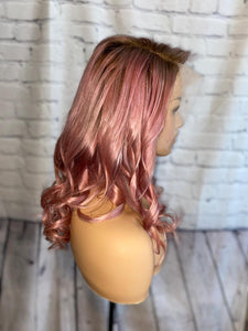 READY TO SHIP Luxury 18” 150% 13x4 Lace Front Rose Gold Pink Dark Roots Wig Human Hair Swiss Glueless Sale Bleached Knots