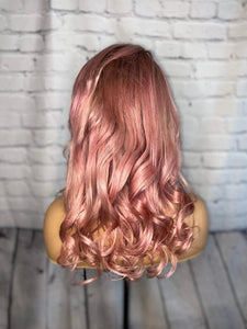 READY TO SHIP Luxury 18” 150% 13x4 Lace Front Rose Gold Pink Dark Roots Wig Human Hair Swiss Glueless Sale Bleached Knots
