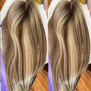 Luxury Balayage Highlight Hair Piece Real Human Hair Topper Natural Straight Brown Ash Blonde Jewish Toupee with Clips 130%