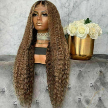 Load image into Gallery viewer, Luxury Curly Wavy Light Brown Ombre Blonde 100% Human Hair Swiss 13x4 Lace Front Glueless Wig U-Part, 360 or Full Lace Upgrade Available
