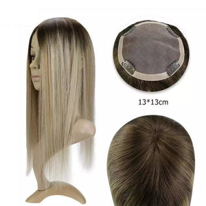 Luxury Human Hair Topper Ombre Balayage  13*13cm Remy Hair Piece With Clips 120% Density Crown Hair Ash Blonde Brown Mono