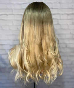 Luxury Honey Ash Blonde Ombre Balayage 100% Human Hair Swiss 13x4 Lace Front Glueless Wig Wavy U-Part, 360 or Full Lace Upgrade Available 2021