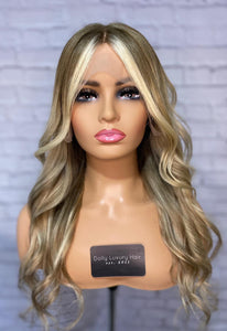 Luxury Ash Blonde Ombre Balayage 100% Human Hair Swiss 13x4 Lace Front Glueless Wig Wavy U-Part, 360 or Full Lace Upgrade Available 2021