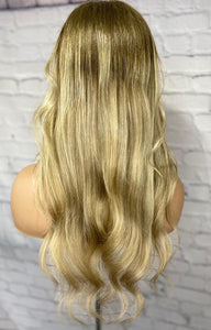 Luxury Ash Blonde Ombre Balayage 100% Human Hair Swiss 13x4 Lace Front Glueless Wig Wavy U-Part, 360 or Full Lace Upgrade Available 2021