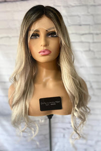 Luxury Cool Ash Blonde Balayage 100% Human Hair Swiss 13x4 Lace Front Glueless Wig Wavy U-Part, 360 or Full Lace Upgrade Available 2021