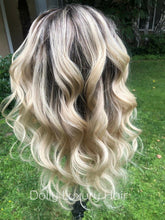 Load image into Gallery viewer, Luxury Light Blonde Balayage Highlight Brown Roots 100% Human Hair Swiss 13x4 Lace Front Glueless Wig U-Part, 360 or Full Lace Upgrade Available
