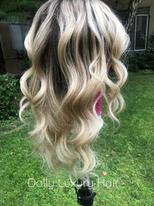 Luxury Light Blonde Balayage Highlight Brown Roots 100% Human Hair Swiss 13x4 Lace Front Glueless Wig U-Part, 360 or Full Lace Upgrade Available