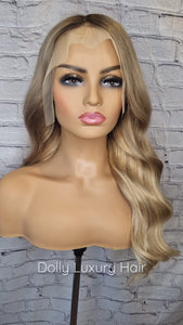 Luxury Ash Blonde Ombre Balayage Highlight 100% Human Hair Swiss 13x4 Lace Front Glueless Wig U-Part, 360 or Full Lace Upgrade Available