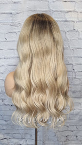 Luxury Ash Blonde Ombre Balayage Highlight 100% Human Hair Swiss 13x4 Lace Front Glueless Wig U-Part, 360 or Full Lace Upgrade Available