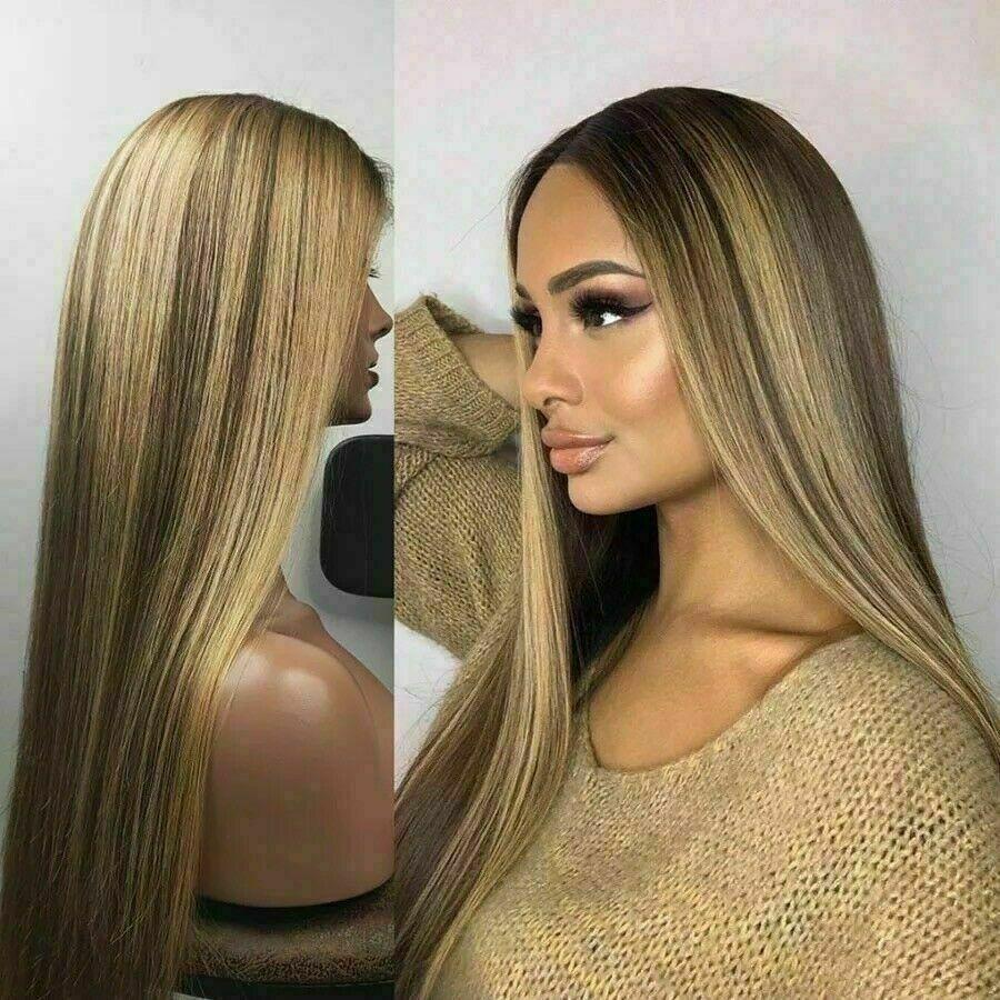 Luxury Remy Dark Brown Ash Blonde  100% Human Hair Swiss 13x4 Lace Front Glueless Wig Balayage Highlight U-Part or Full Lace Upgrade Available