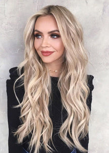 Luxury Light Ash Blonde Balayage 100% Human Hair Swiss 13x4 Lace Front Glueless Wig Wavy U-Part, 360 or Full Lace Upgrade Available