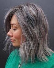 Load image into Gallery viewer, Luxury Natural Grey Gray Smokey Balayage with Brown  100% Human Hair Swiss 13x4 Lace Front Glueless Wig U-Part or Full Lace Upgrade Available

