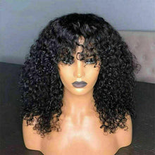 Load image into Gallery viewer, Luxury Remy Curly Bangs Fringe Black #1B Black 100% Human Hair Swiss 13x4 Lace Front Glueless Wig #1B U-Part, 360 or Full Lace Upgrade Available
