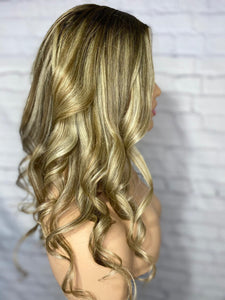 Luxury Platinum Blonde on Brown Hair Balayage 100% Human Hair Swiss 13x4 Lace Front Glueless Wig Wavy U-Part U Part Wig