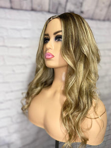 Luxury Platinum Blonde on Brown Hair Balayage 100% Human Hair Swiss 13x4 Lace Front Glueless Wig Wavy U-Part U Part Wig