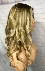 Luxury Platinum Blonde on Brown Hair Balayage 100% Human Hair Swiss 13x4 Lace Front Glueless Wig Wavy U-Part U Part Wig