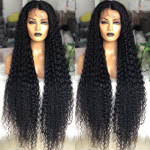 Luxury 30” 32” 34” 36” 38” 40” inches Natural Black #1B Virgin 100% Human Hair Swiss 13x4 Lace Front Glueless Wig Kinky Curly Long