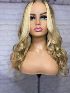 Luxury Platinum Blonde on Brown Hair Balayage 100% Human Hair Swiss 13x4 Lace Front Glueless Wig Wavy U-Part U Part Wig