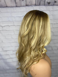 Luxury Platinum Blonde on Brown Hair Balayage 100% Human Hair Swiss 13x4 Lace Front Glueless Wig Wavy U-Part U Part Wig