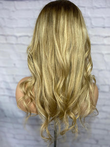 Luxury Platinum Blonde on Brown Hair Balayage 100% Human Hair Swiss 13x4 Lace Front Glueless Wig Wavy U-Part U Part Wig