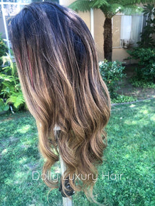 Luxury Dark Ash Brown Balayage Highlight 100% Human Hair Swiss 13x4 Lace Front Wig Wavy Blonde U-Part, 360 or Full Lace Upgrade Available