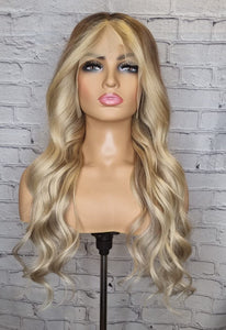 Luxury Balayage Ombre Highlight Ash Blonde Dark Roots 100% Human Hair Swiss 13x4 Lace Front Wig U-Part or Full Lace Upgrade Available