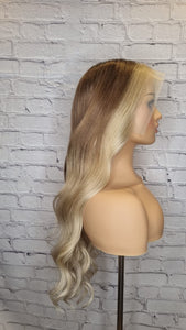 Luxury Balayage Ombre Highlight Ash Blonde Dark Roots 100% Human Hair Swiss 13x4 Lace Front Wig U-Part or Full Lace Upgrade Available