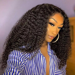 Luxury Remy Kinky Curly Black 100% Human Hair Swiss 13x4 Lace Front Glueless Wig Black #1B U-Part, 360 or Full Lace Upgrade Available